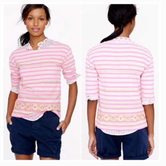 J.Crew Neon Pink Embroidered Striped Boatneck Top - Picture 1 of 7